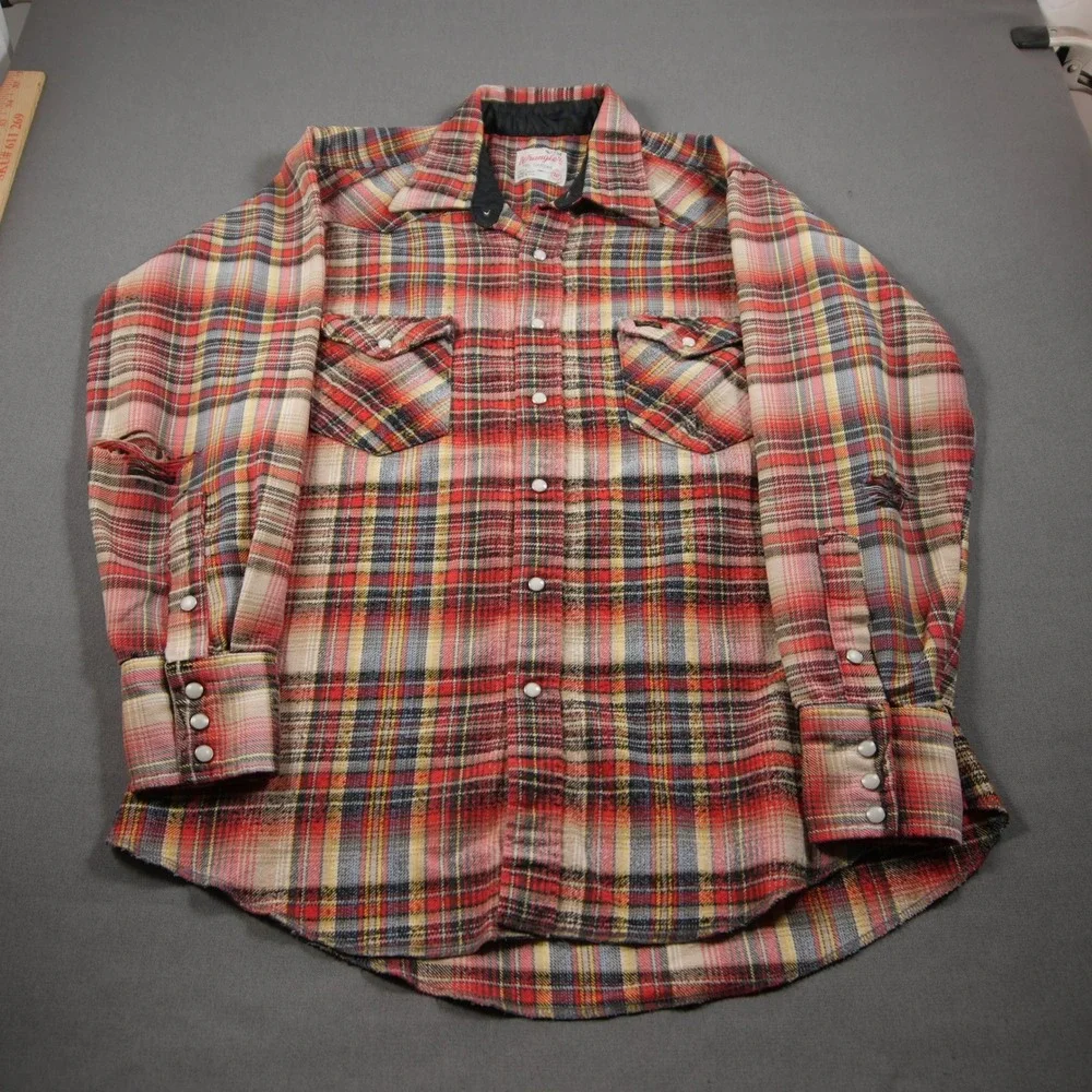 Thrashed 60s VTG Wrangler Distressed Flannel Plaid Pearl Men M Shirt Skate Surf